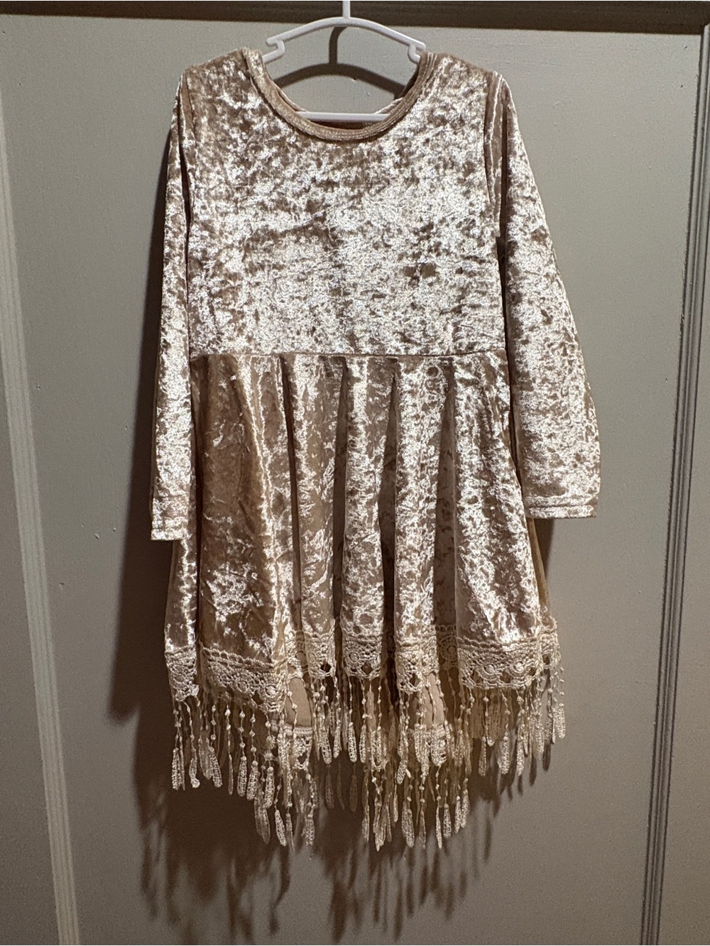 Velvet Tassel Hem Long Sleeve Dress - Champagne